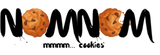 Text 'NOM NOM mmmm... cookies!' with images of cookies on a white background