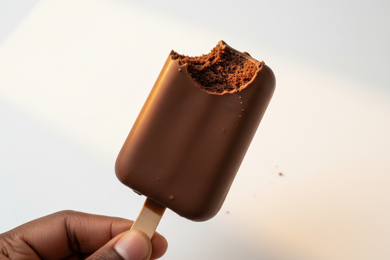 brown chocolate cakescicle with a bit showing the chocolate cake in the middle, black hand holding it