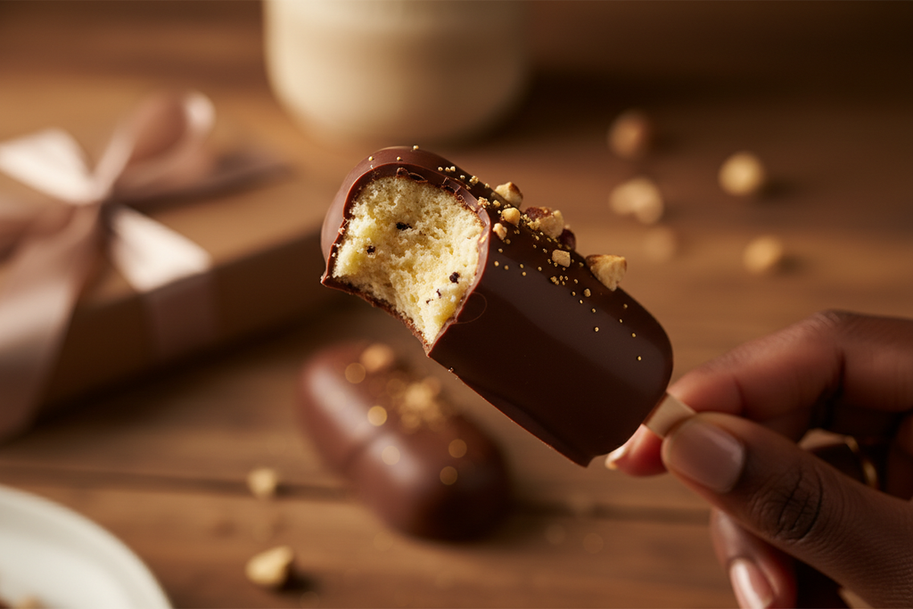 brown chocolate cakescicle with a bit showing the vanilla cake in the middle- black person holding it