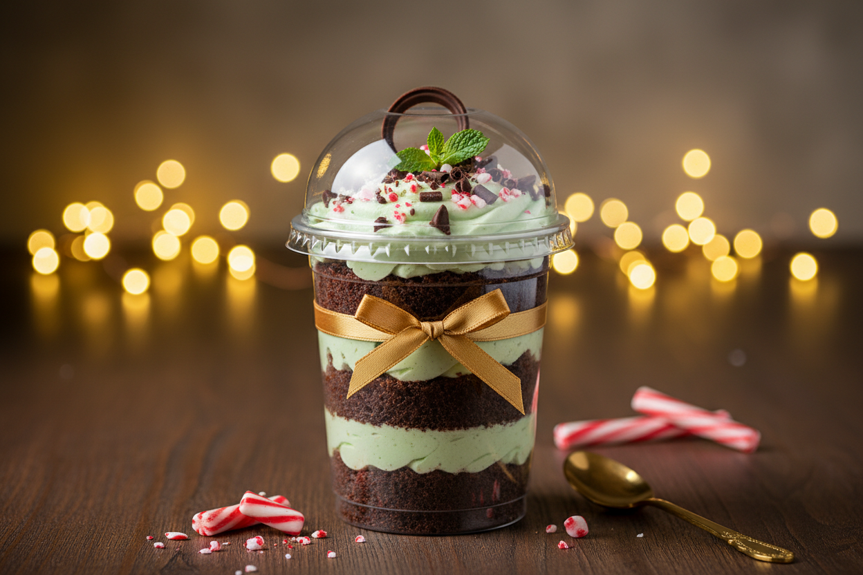 Peppermint with chocolate cake desert cup in a plastic take away cup