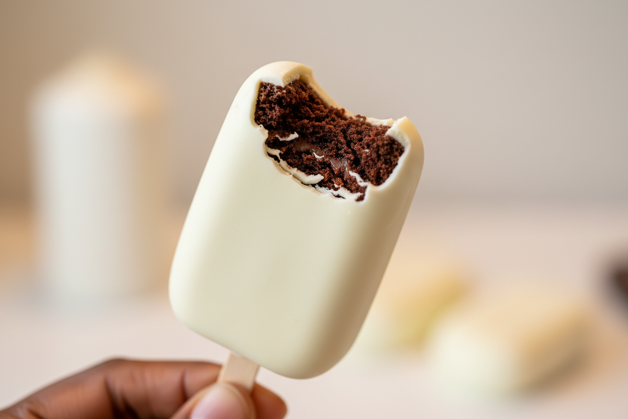 White chocolate cakescicle with a bit showing the chocolate cake in the middle, black hand holding it